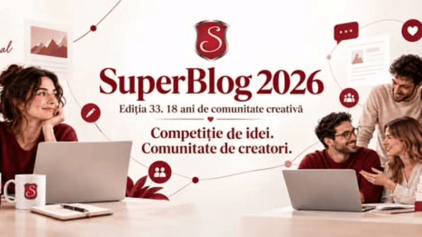 Imaginea promovează SuperBlog 2026, ediția a 33-a, aniversând 18 ani de comunitate creativă. Se observă o femeie și doi bărbați, discutând și lucrând la laptopuri, subliniind competiția de idei și comunitatea creatorilor.