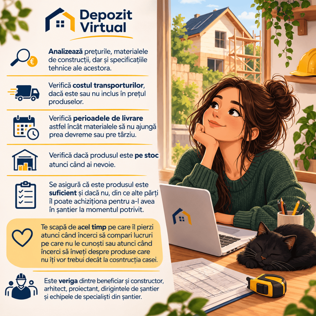 O femeie tânără zâmbind în fața unui laptop, analizând informații despre construcții, cu o pisică adormită pe birou și peisajul unui șantier în fundal.