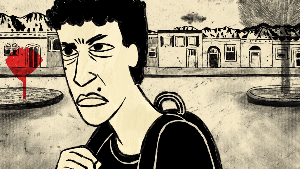 Ilustrație a unui adolescent cu o expresie îngrijorată, purtând un rucsac, pe fundal cu clădiri și munți, împărțit de o pată roșie de sânge.