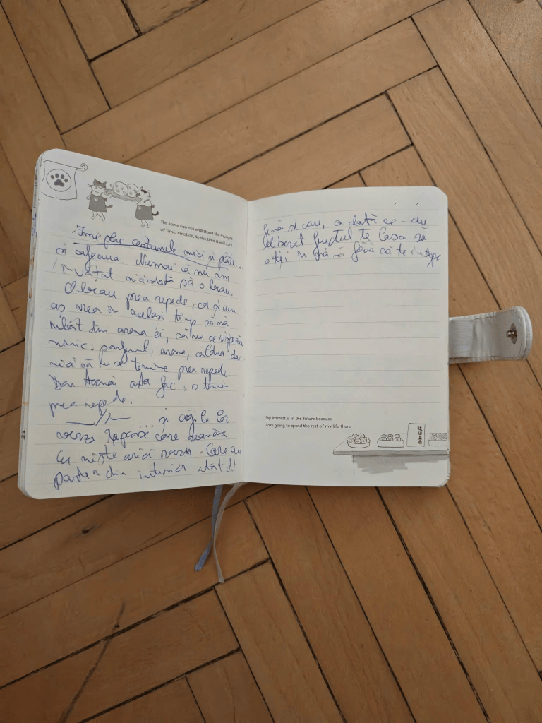 Un carnet deschis pe o podea din lemn, cu scris de mână pe paginile sale, unele dintre ele având desene și ilustrații.