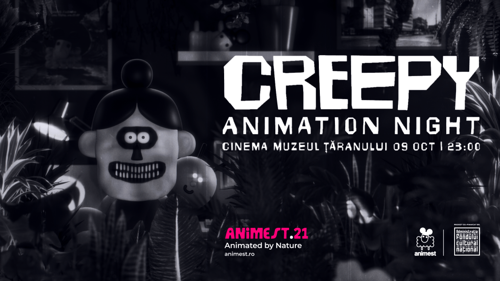 Poster pentru seara de animație "Creepy", prezentând un personaj cu un cap de schelet pe fundal de plante, cu detalii despre eveniment.